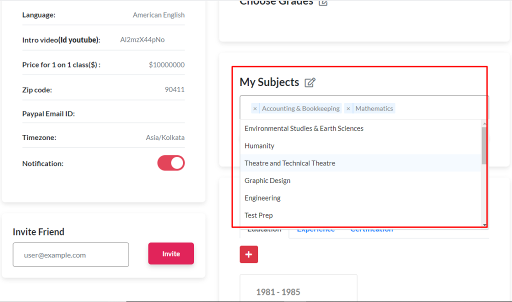 How can the tutor select the subjects he can teach? Pinlearn